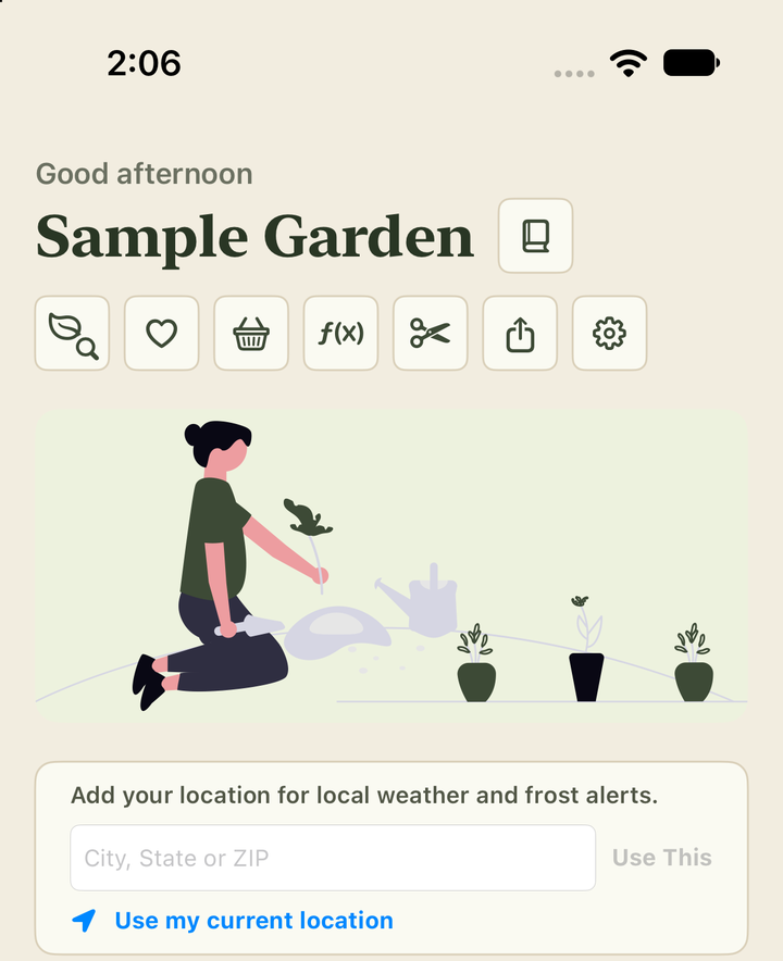 The PlotAndPetal iPhone app's home screen, showing the built-in Sample Garden with its toolbar, a gardening illustration and a box to add your location for local weather and frost alerts.